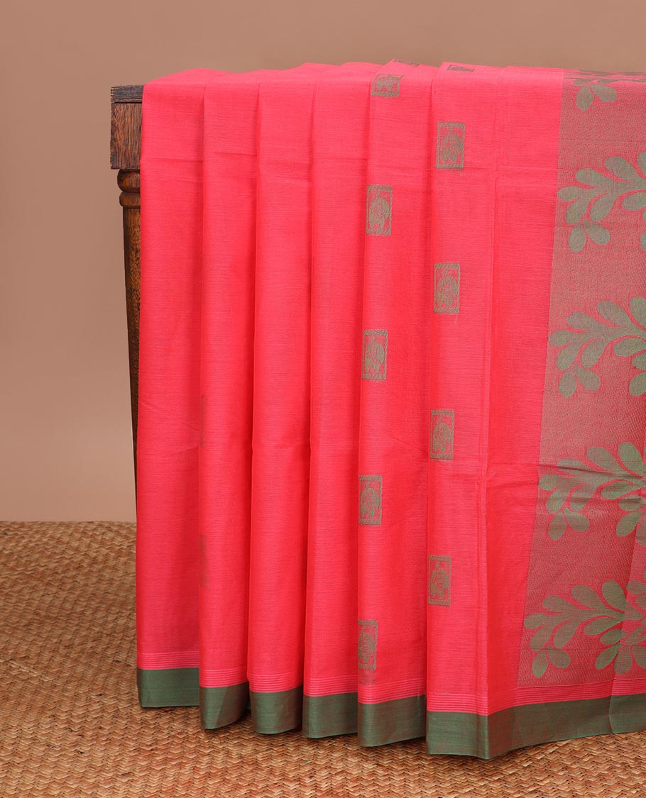 Red floral motifs kanchi cotton saree with contrast border & floral design pallu