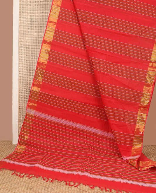 Dazzling red striped jute cotton saree, gleaming zari border & striped pallu