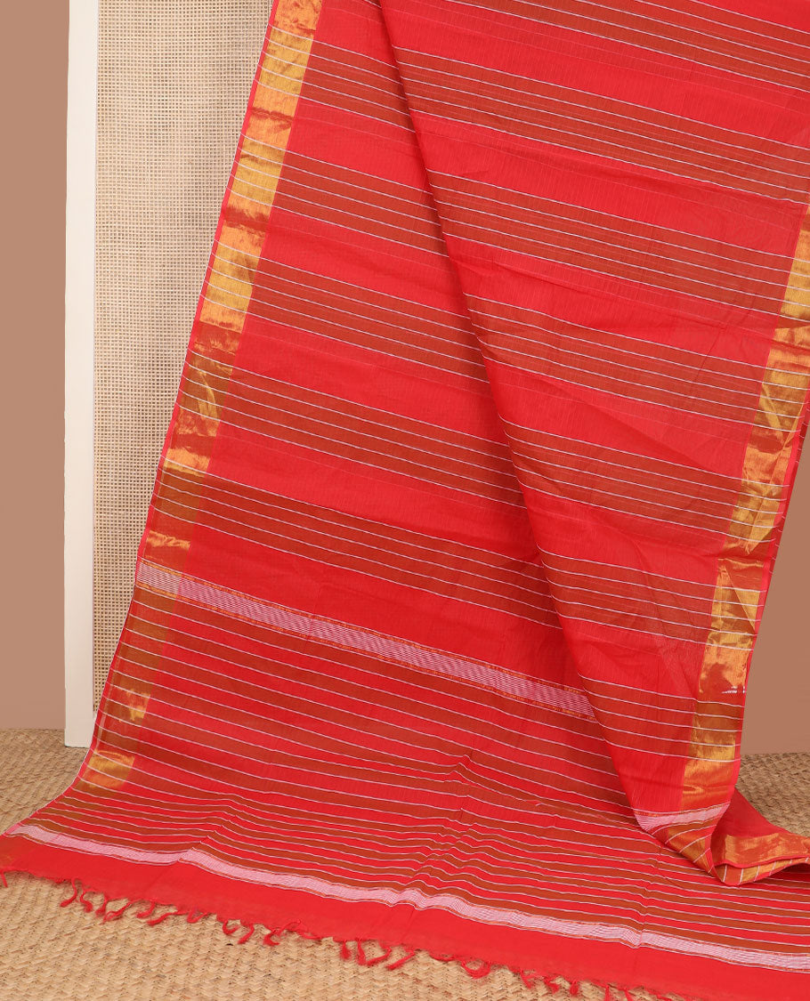 Dazzling red striped jute cotton saree, gleaming zari border & striped pallu