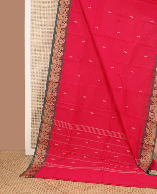 Red buttas Chettinad cotton saree, contrast paisley & peacock border & pallu of stripes & buttas