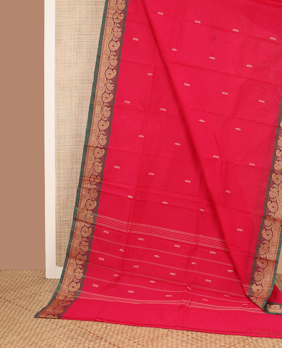 Red buttas Chettinad cotton saree, contrast paisley & peacock border & pallu of stripes & buttas