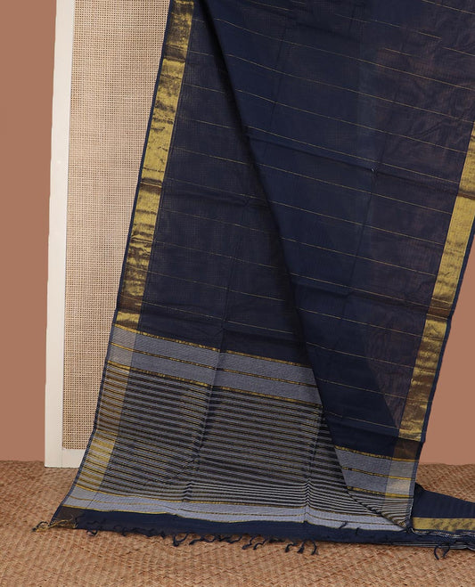 Navy blue striped jute cotton saree, zari border, and striped pallu