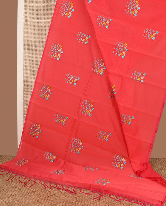Borderless Fuchsia pink floral buttas printed semi-silk cotton saree