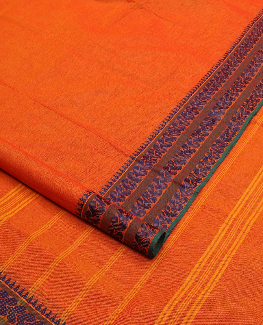 Orange plain design nine-yard cotton saree, traditional temple border, and striped pallu