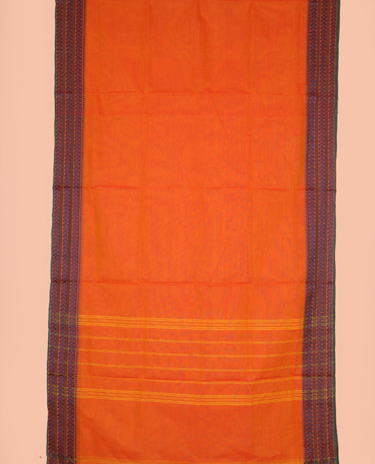 Orange plain design nine-yard cotton saree, traditional temple border, and striped pallu