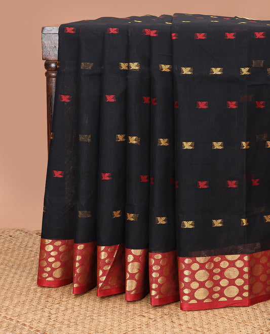 Black buttas Bengal cotton saree, contrast ganga jamuna polka dotted zari border, and pallu of stripes