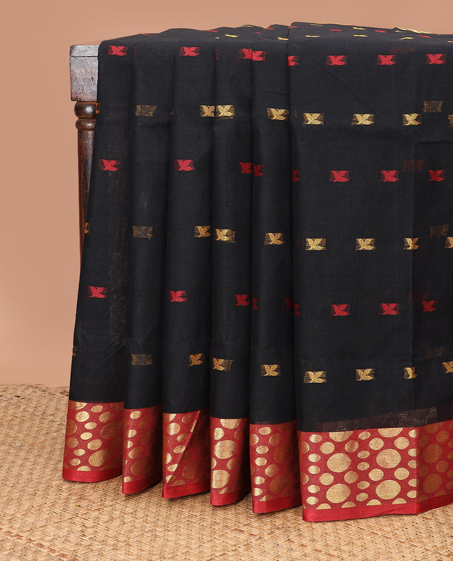Black buttas Bengal cotton saree, contrast ganga jamuna polka dotted zari border, and pallu of stripes
