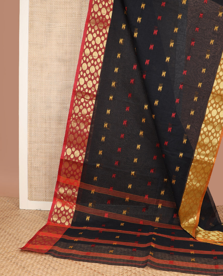 Black buttas Bengal cotton saree, contrast ganga jamuna polka dotted zari border, and pallu of stripes