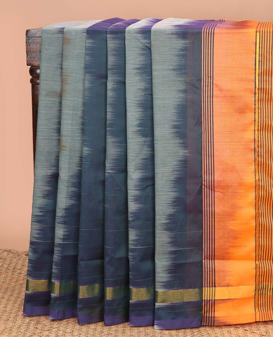 Multi-color ikkat design poly cotton saree, zari border, and contrast striped pallu