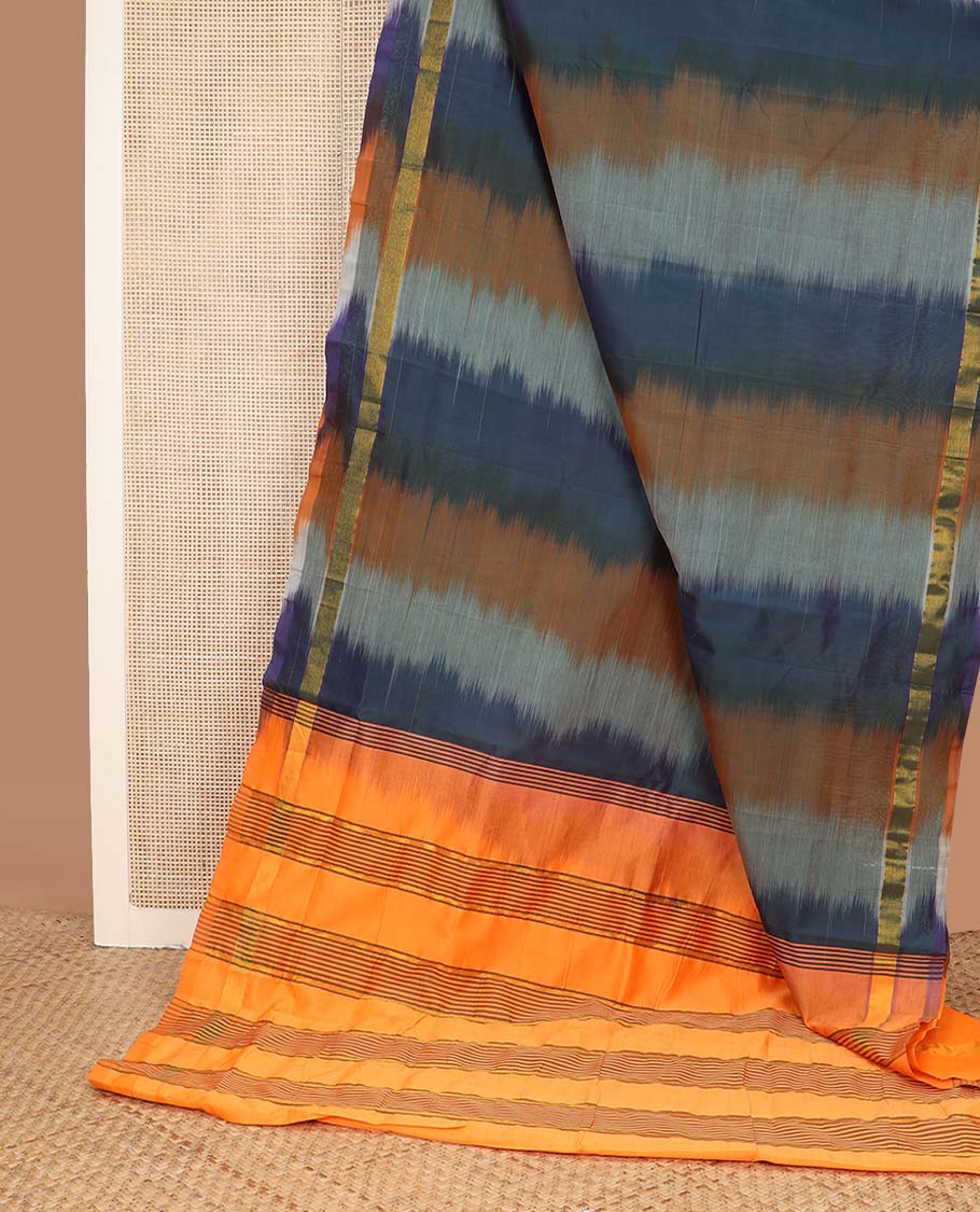 Multi-color ikkat design poly cotton saree, zari border, and contrast striped pallu
