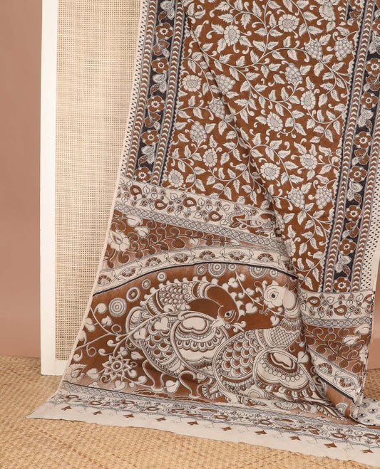 Brown floral vine machine printed kalamkari cotton saree, contrast floral printed border, and pallu of peacock print