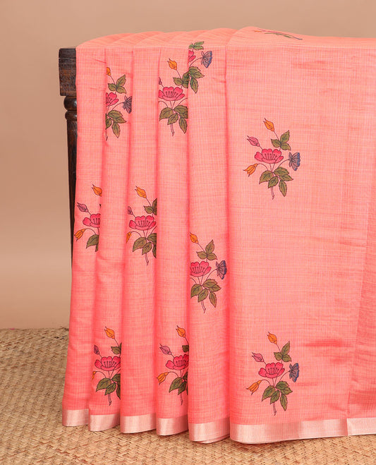 Peach floral buttas printed chirala cotton saree, bavanji border, and contrast chakram motifs pallu