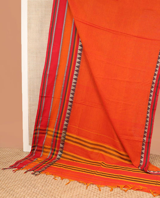 Orange plain Narayanapet cotton saree, contrast temple motifs woven big down border, and striped pallu