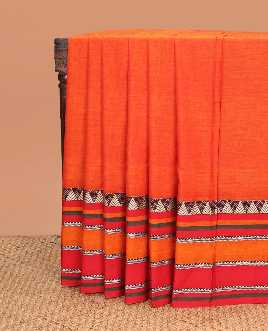 Orange plain Narayanapet cotton saree, contrast temple motifs woven big down border, and striped pallu