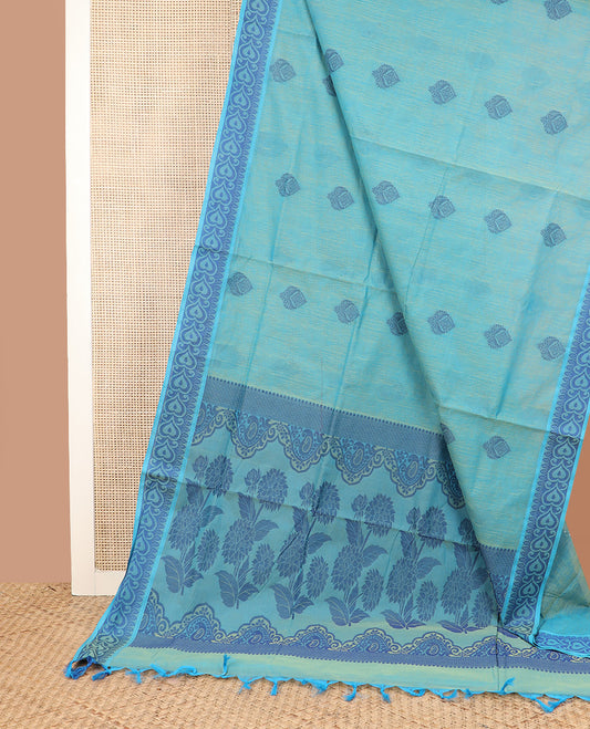 Blue unique buttas Coimbatore Cotton saree, traditional border, and pallu of floral designs