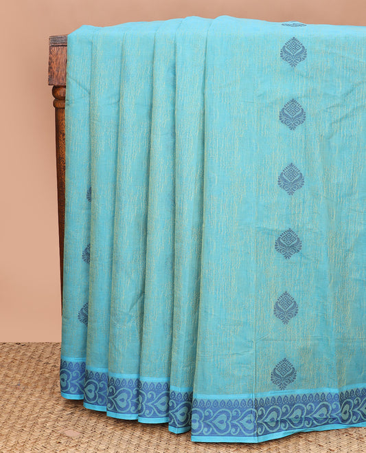 Blue unique buttas Coimbatore Cotton saree, traditional border, and pallu of floral designs