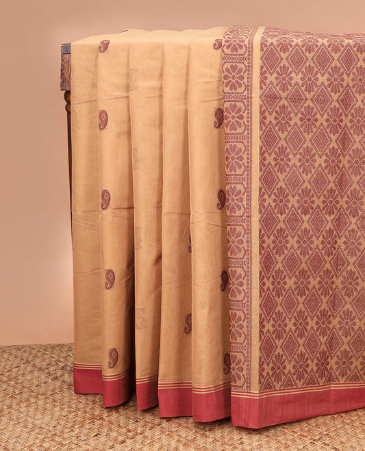 Sandal paisley buttas kanchi cotton saree, contrast border, and floral, and diamond patterned pallu