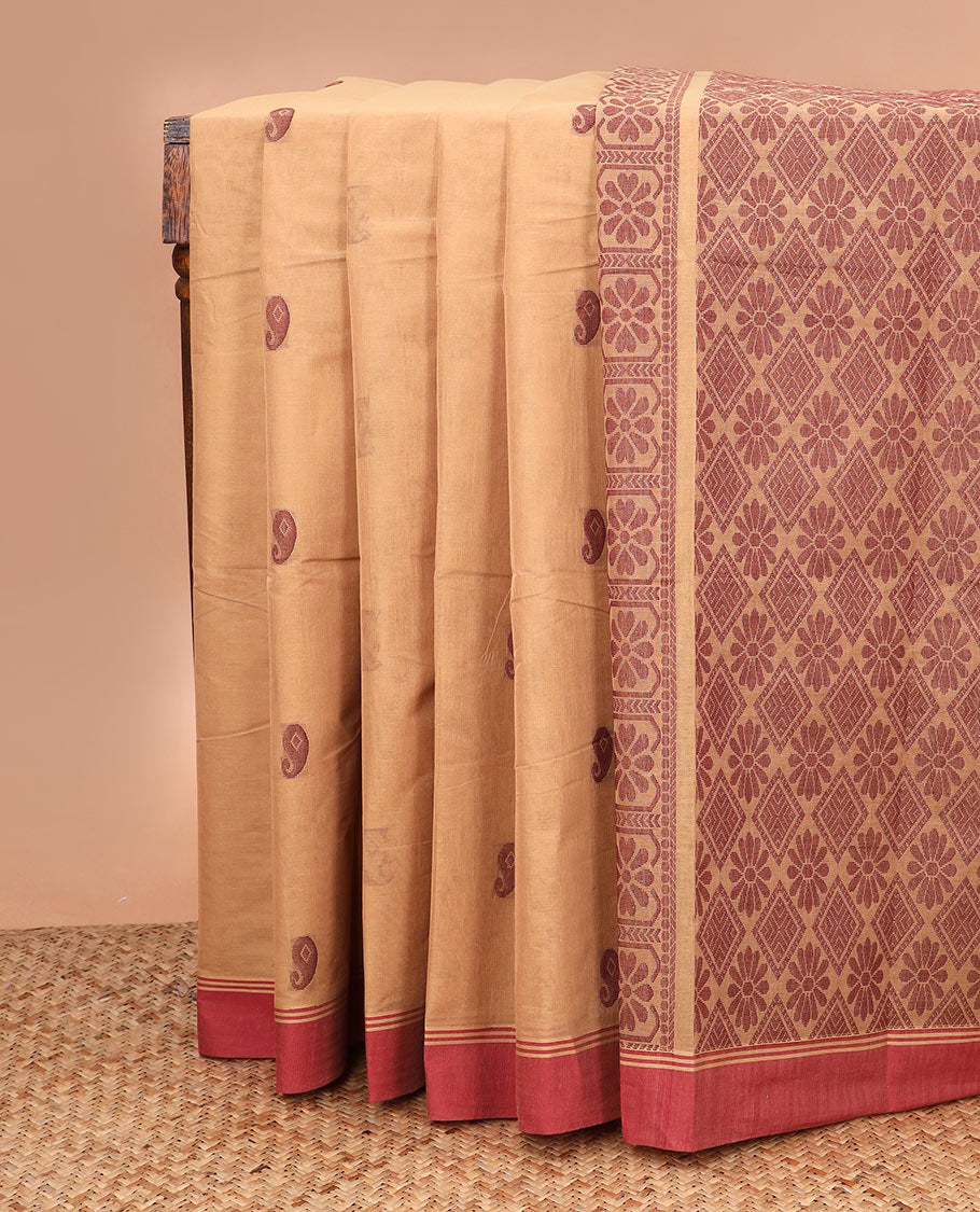 Sandal paisley buttas kanchi cotton saree, contrast border, and floral, and diamond patterned pallu