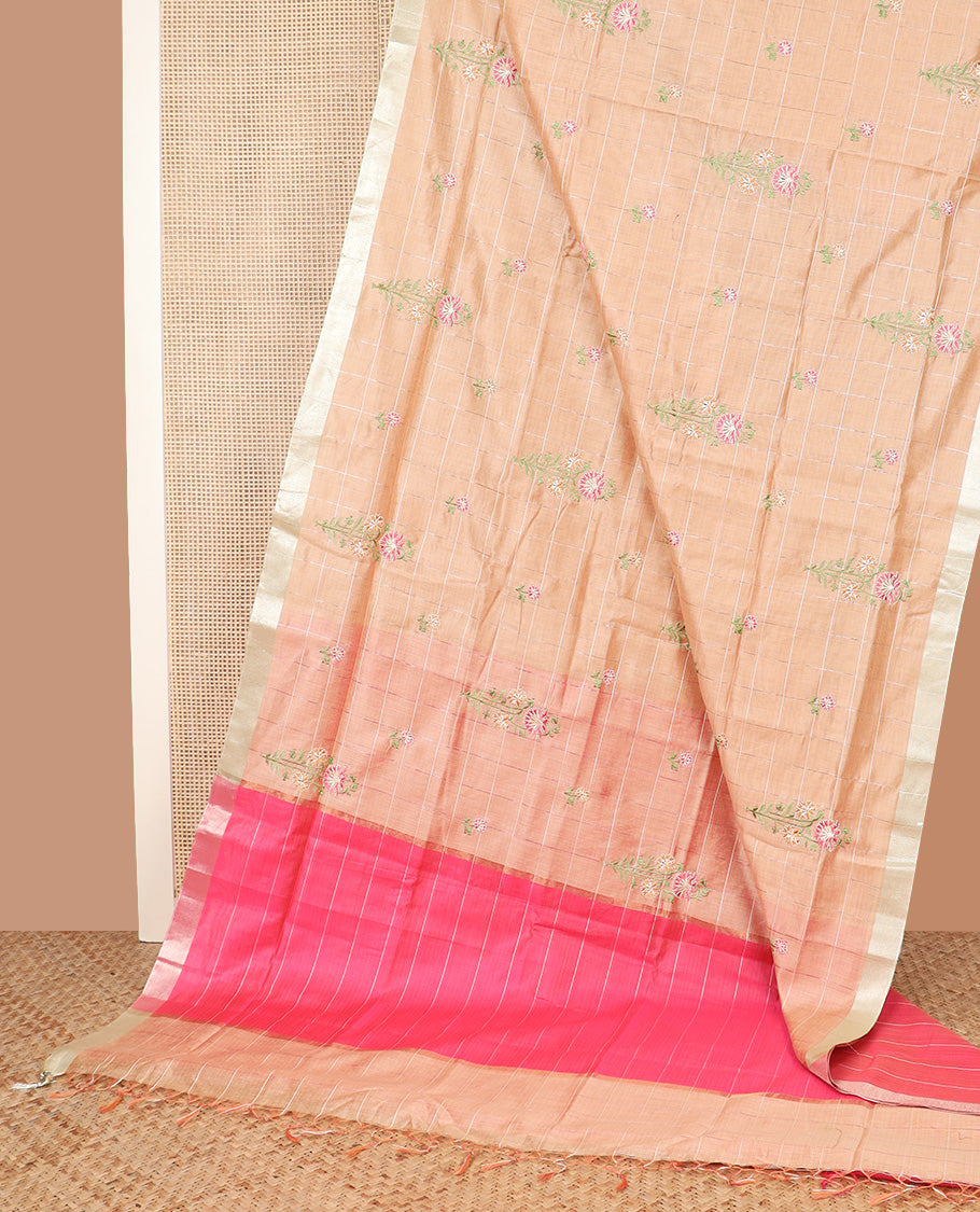 Sandal checked with floral embroidered chirala cotton saree, plain border, and contrast striped pallu
