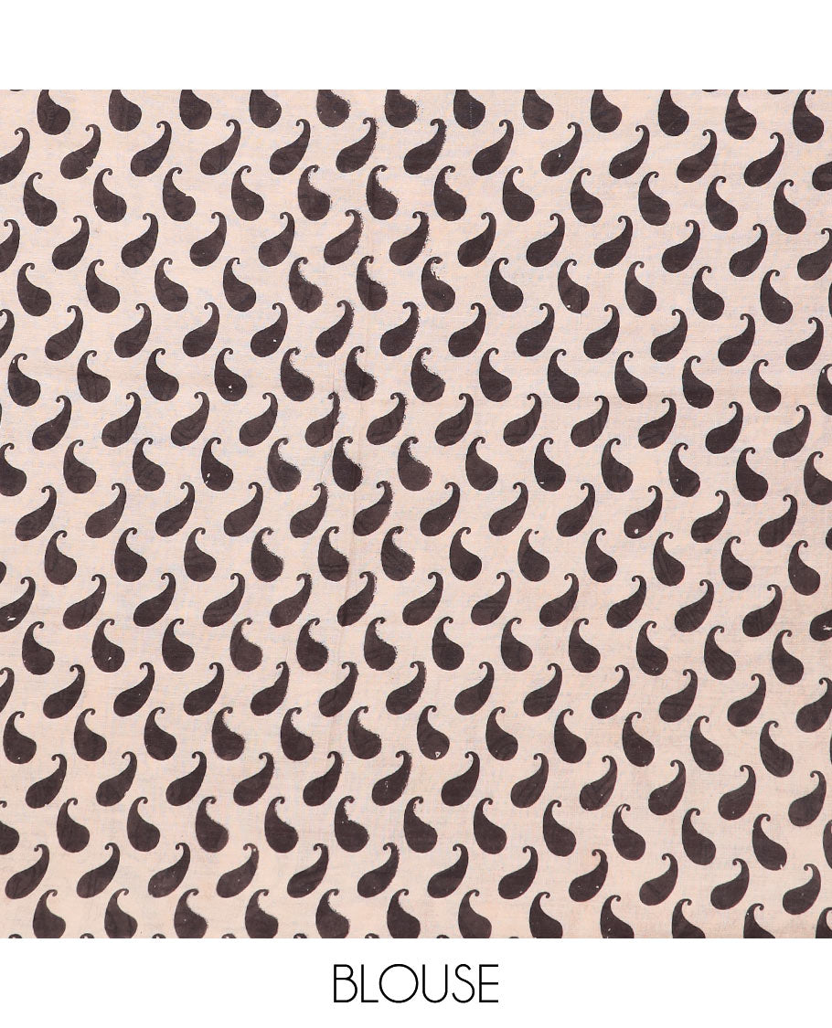 Maroon floral vine machine-printed kalamkari cotton saree, flora-geometric printed border, and pallu of floral vine and peacock print