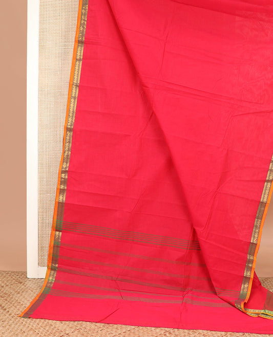 Red plain Chettinad cotton saree, contrast traditional zari border, and striped pallu