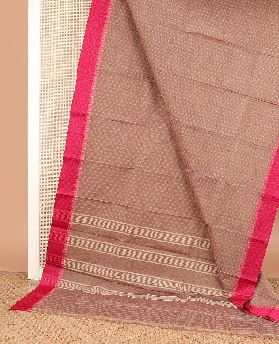 Brown striped Chettinad cotton saree, contrast temple border, and striped pallu