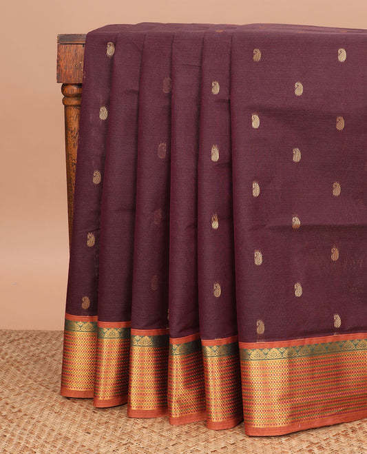 Brown paisley buttas Venkatagiri cotton saree, contrast traditional zari design border, and zari striped pallu