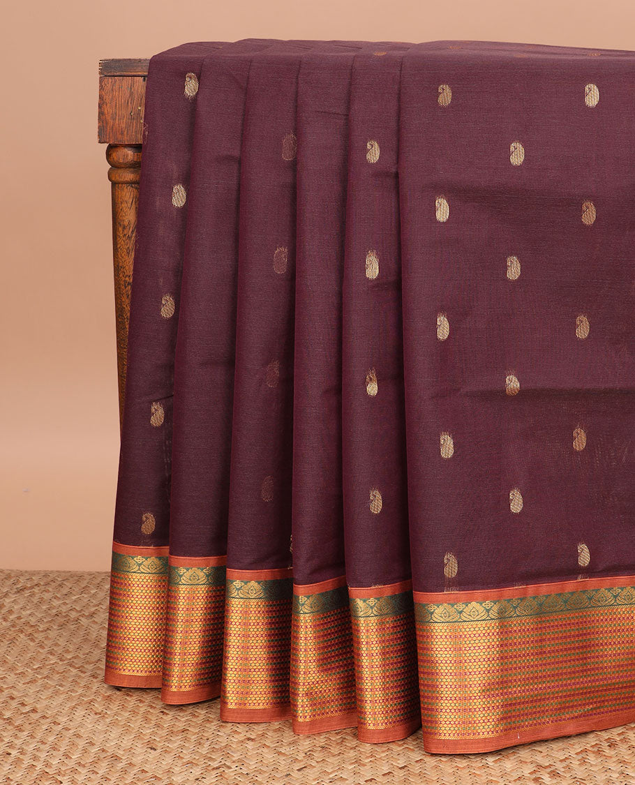 Brown paisley buttas Venkatagiri cotton saree, contrast traditional zari design border, and zari striped pallu