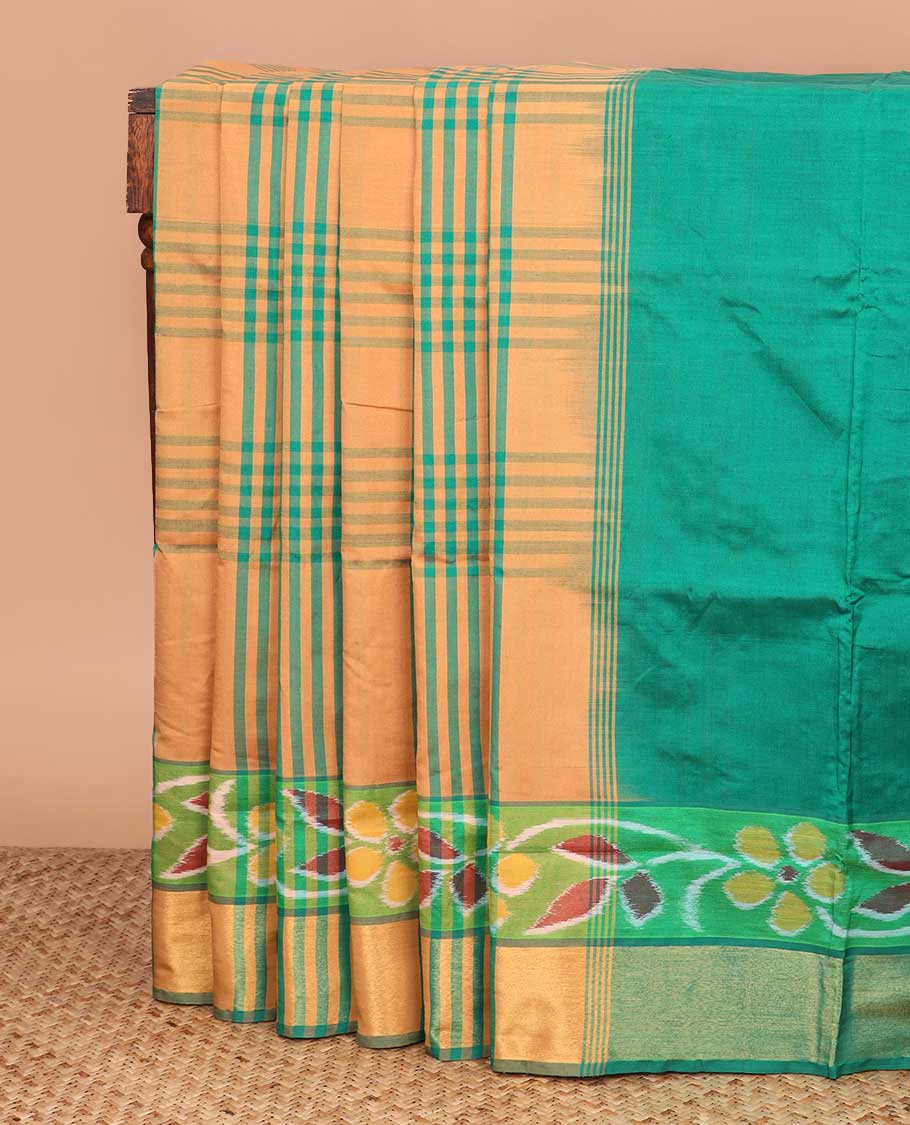 Sandal checked poly cotton saree, ikkat floral creeper border, and contrast zari pallu