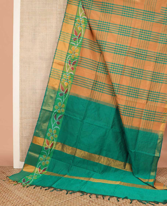 Sandal checked poly cotton saree, ikkat floral creeper border, and contrast zari pallu