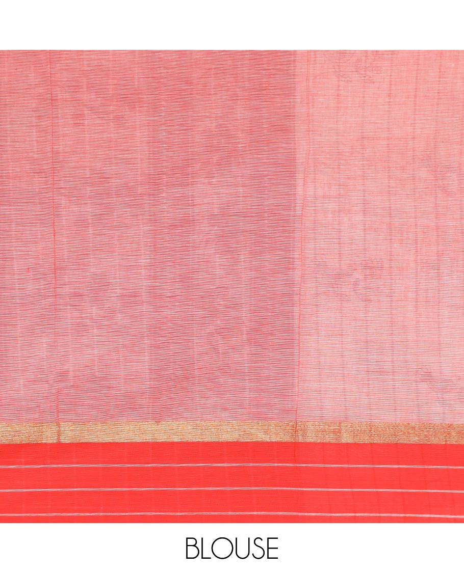 White striped and bird motifs printed chirala cotton saree, contrast checked border, and contrast floral printed pallu