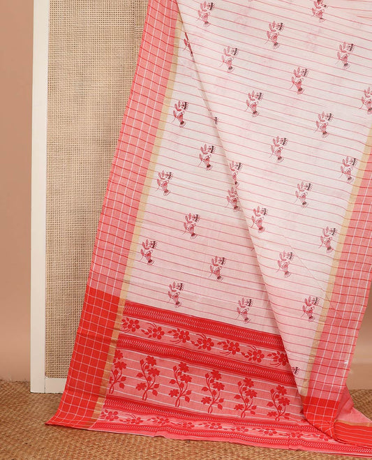 White striped and bird motifs printed chirala cotton saree, contrast checked border, and contrast floral printed pallu