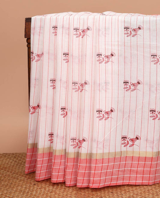 White striped and bird motifs printed chirala cotton saree, contrast checked border, and contrast floral printed pallu