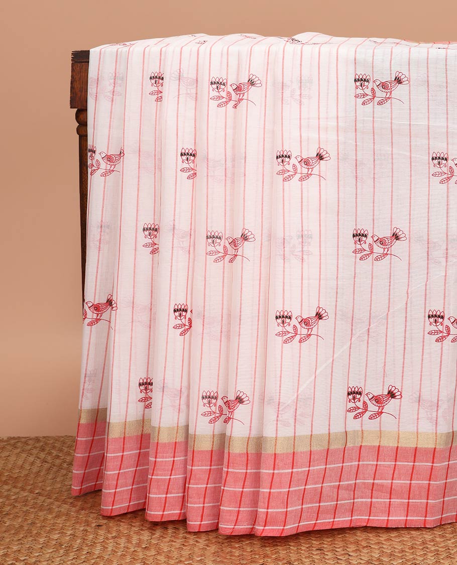 White striped and bird motifs printed chirala cotton saree, contrast checked border, and contrast floral printed pallu