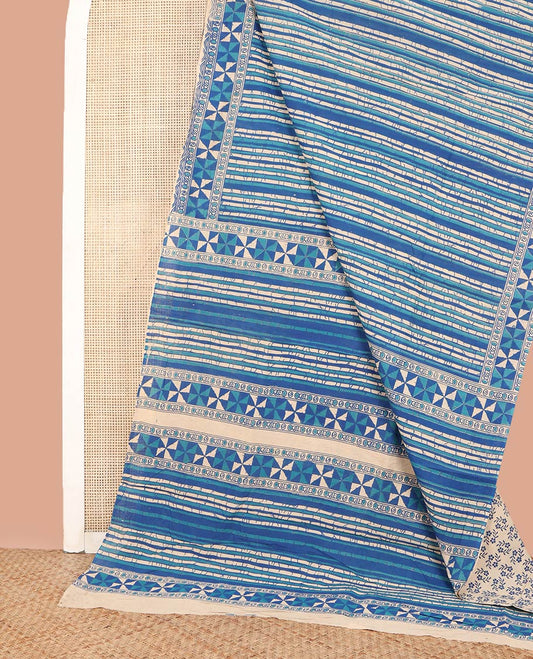 Blue Machine-Printed Kalamkari Cotton Saree, Elegantly Highlighted with Batik Geometric Prints on Its Body, Subtly Printed Border, Pallu of Geometric Print, and Paired with a Printed  Blouse