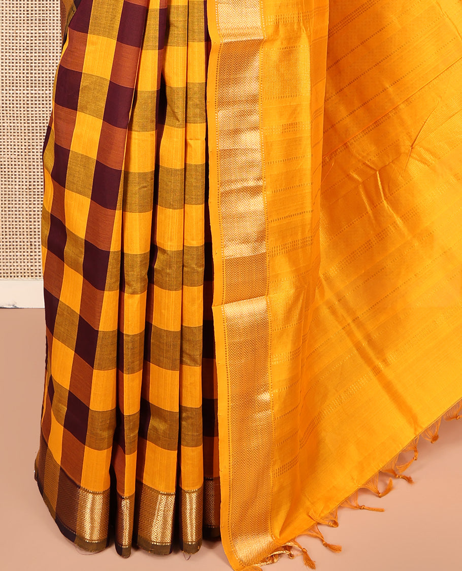 Multi-Color Checked Poly Cotton Saree, Highlighted by Traditional Zari Border, Zari Design Pallu, and Paired with a Matching Blouse