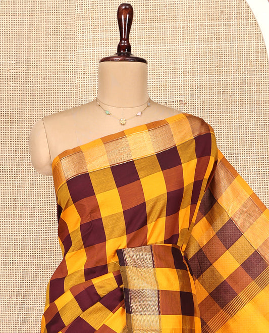 Multi-Color Checked Poly Cotton Saree, Highlighted by Traditional Zari Border, Zari Design Pallu, and Paired with a Matching Blouse