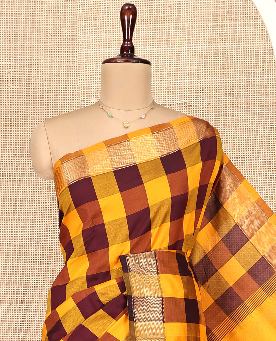 Multi-Color Checked Poly Cotton Saree, Highlighted by Traditional Zari Border, Zari Design Pallu, and Paired with a Matching Blouse