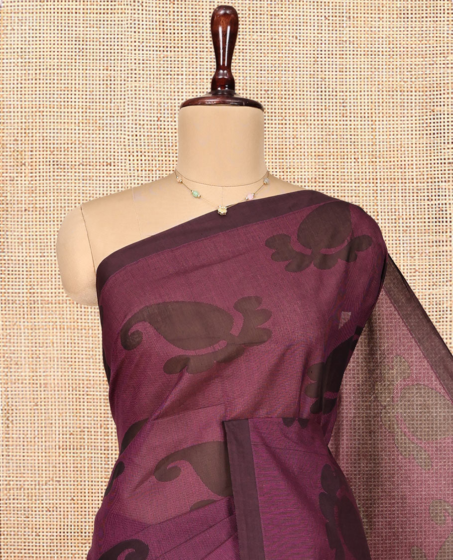 Purple Coimbatore Cotton Saree, Featuring Paisley Buttas on Its Body, a Contrast Border, Pallu of Ogee Design, and Paired with a Contrast Blouse