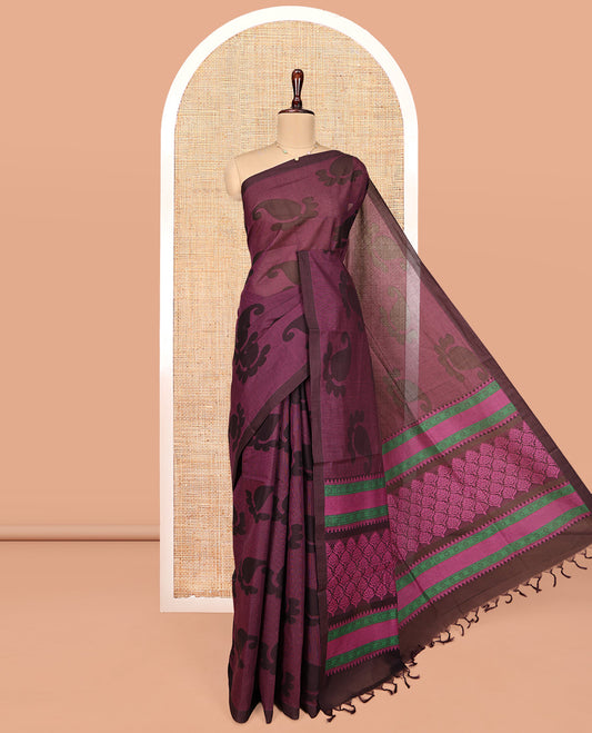 Purple Coimbatore Cotton Saree, Featuring Paisley Buttas on Its Body, a Contrast Border, Pallu of Ogee Design, and Paired with a Contrast Blouse