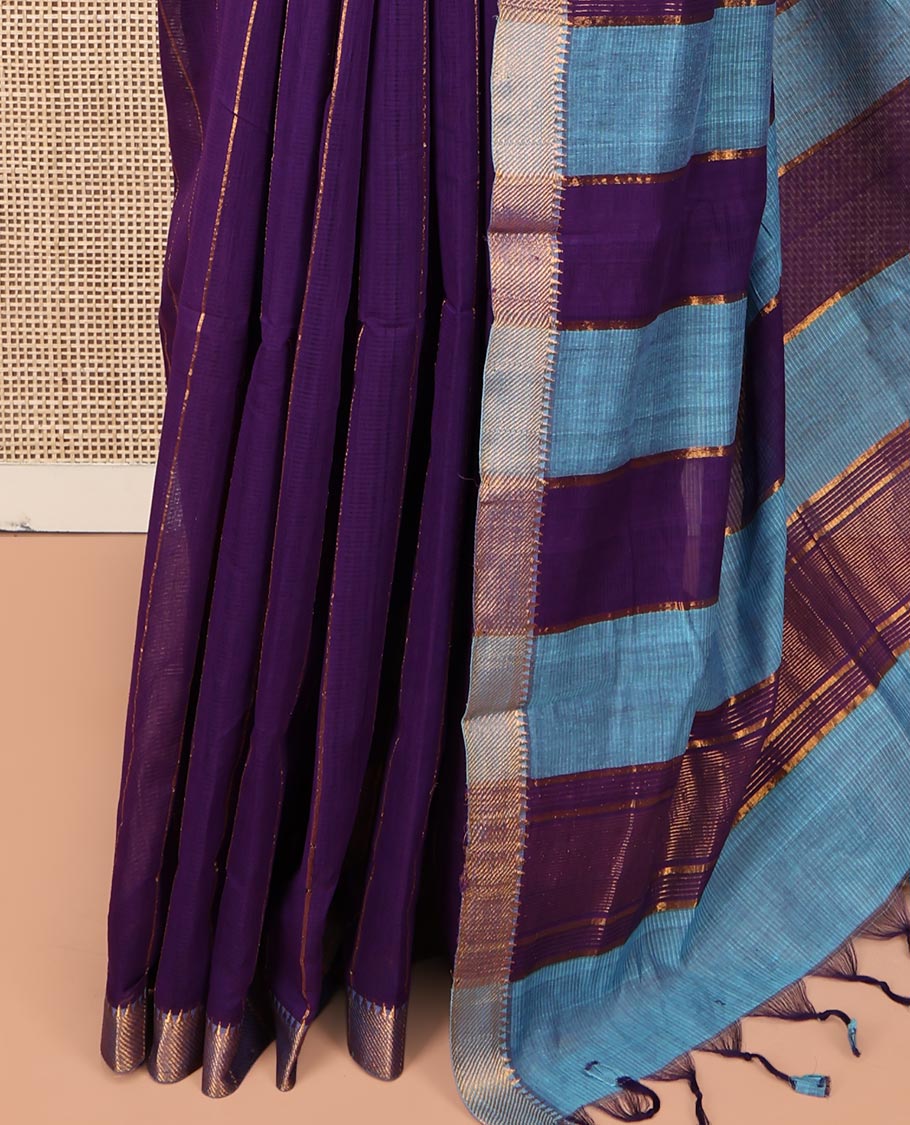 Violet Mangalgiri Cotton Saree, Detailed with Stripes on Its Body, Complemented by Contrast Zari Temple Border, Zari-Striped Pallu, and Paired with a Contrast Blouse