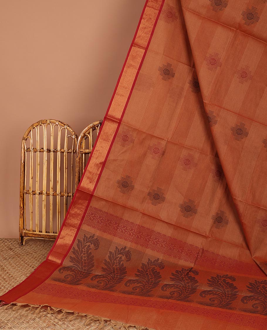 Brown striped Coimbatore cotton saree with buttas, zari border & floral design pallu