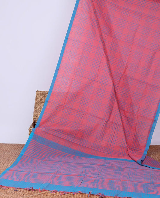 Red checked design khadi cotton saree with contrast striped border & checked design pallu