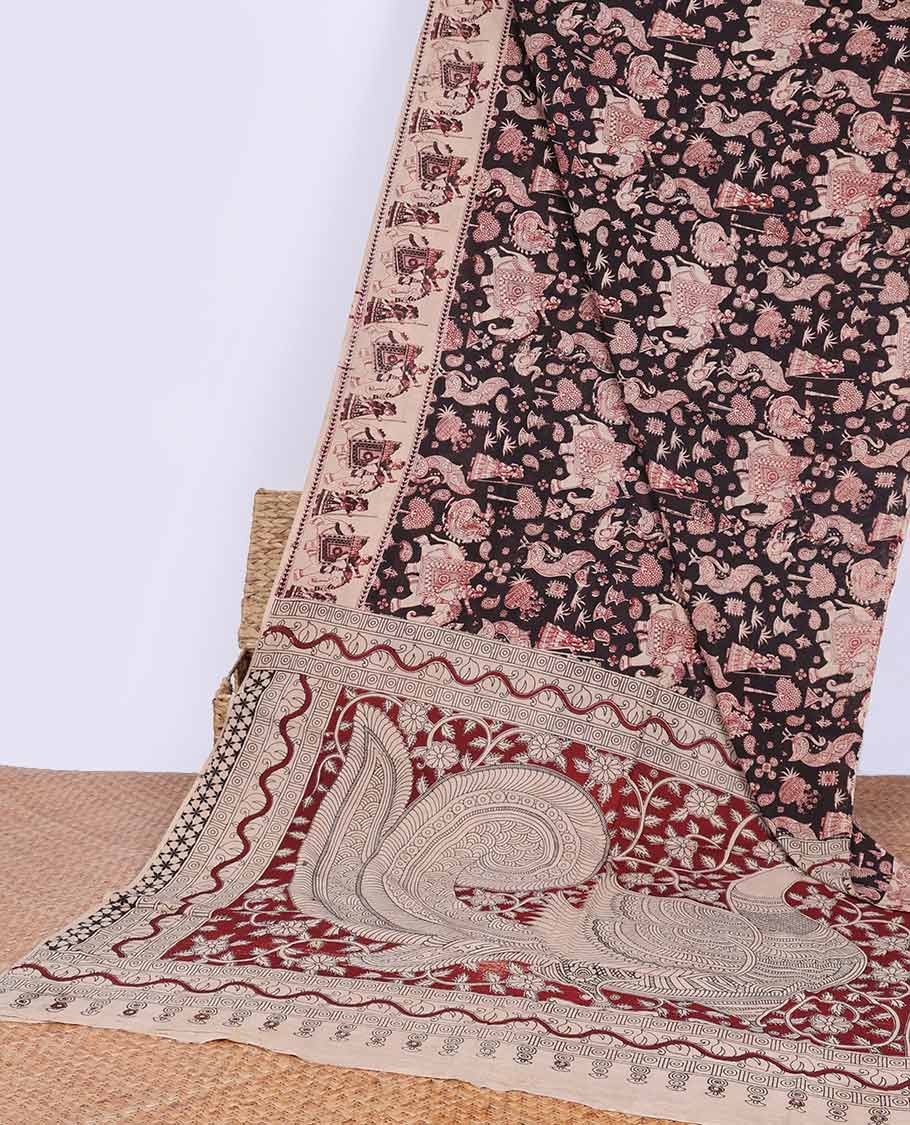 Brown animal motifs machine printed kalamkari cotton saree with contrast animal design border & peacock design pallu