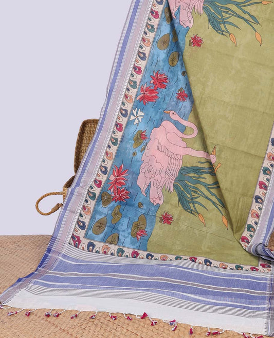 Multi-color lake design chirala cotton saree with contrast temple deign border & striped pallu