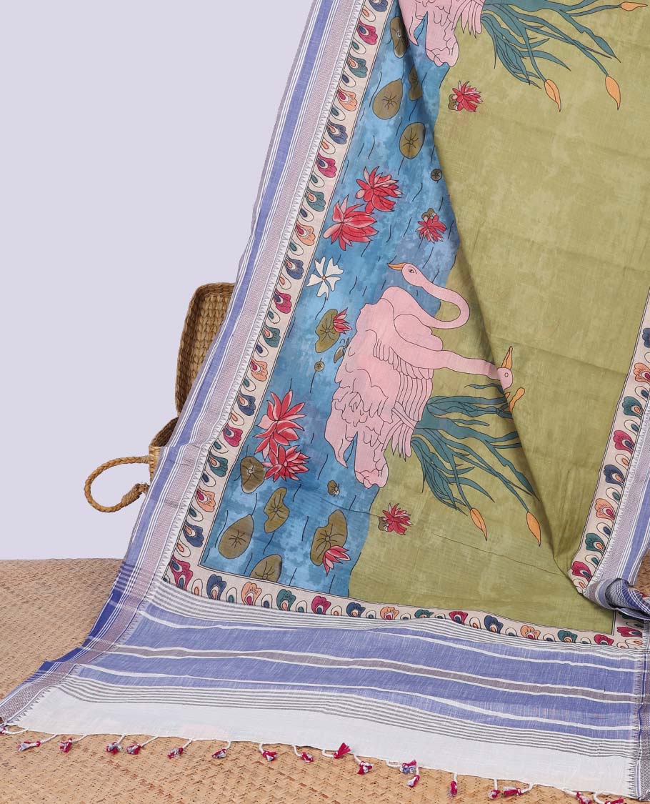 Multi-color lake design chirala cotton saree with contrast temple deign border & striped pallu