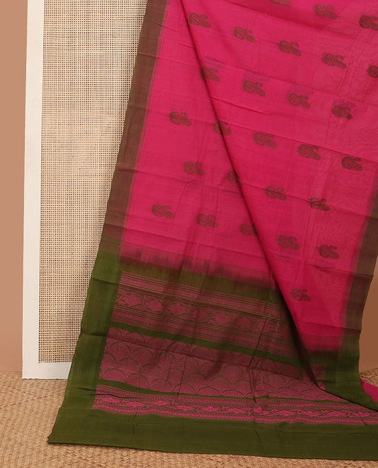Pink paisley buttas kanchi cotton saree, contrast border & pallu of floral creeper, scallop & geometric designs