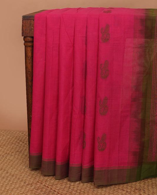 Pink paisley buttas kanchi cotton saree, contrast border & pallu of floral creeper, scallop & geometric designs