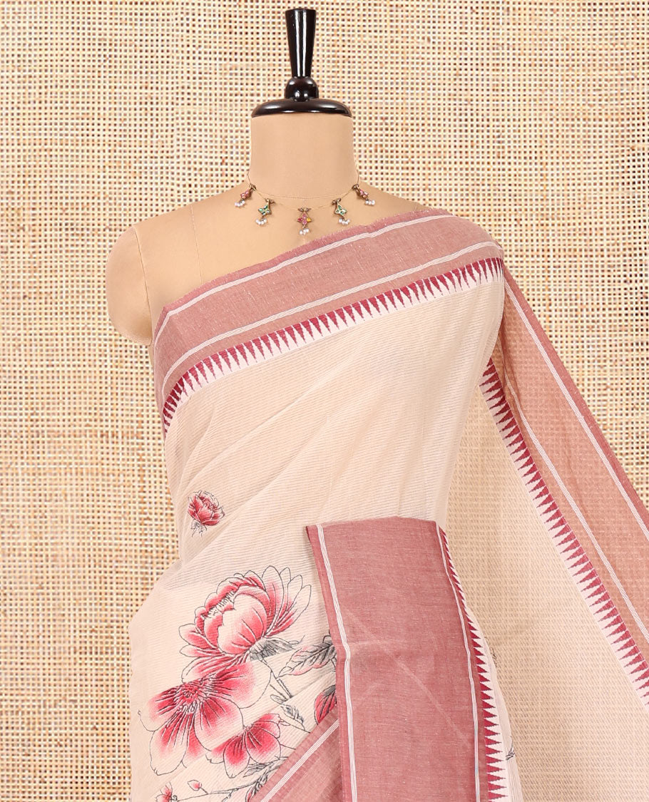 Sandal-Red Andhra Cotton Saree, Artfully Printed with a Floral Print, a Contrast Temple Border, Pallu of Floral Print, and Contrast Blouse