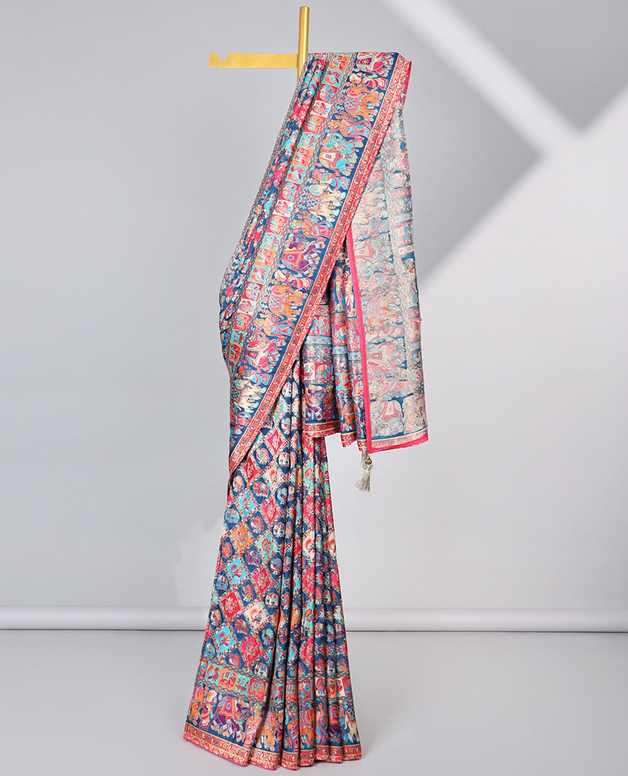 Multi-colored motifs enclosed with argyle design semi-banaras dola silksaree with contrast border & wedding design pallu